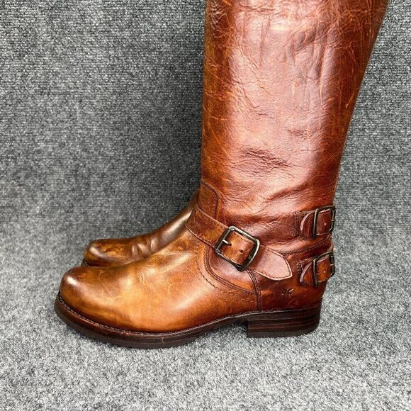 Frye Veronica Boots Women's Size 8 Brown Leather Back Zip Harness Buckle Riding - Picture 6 of 16